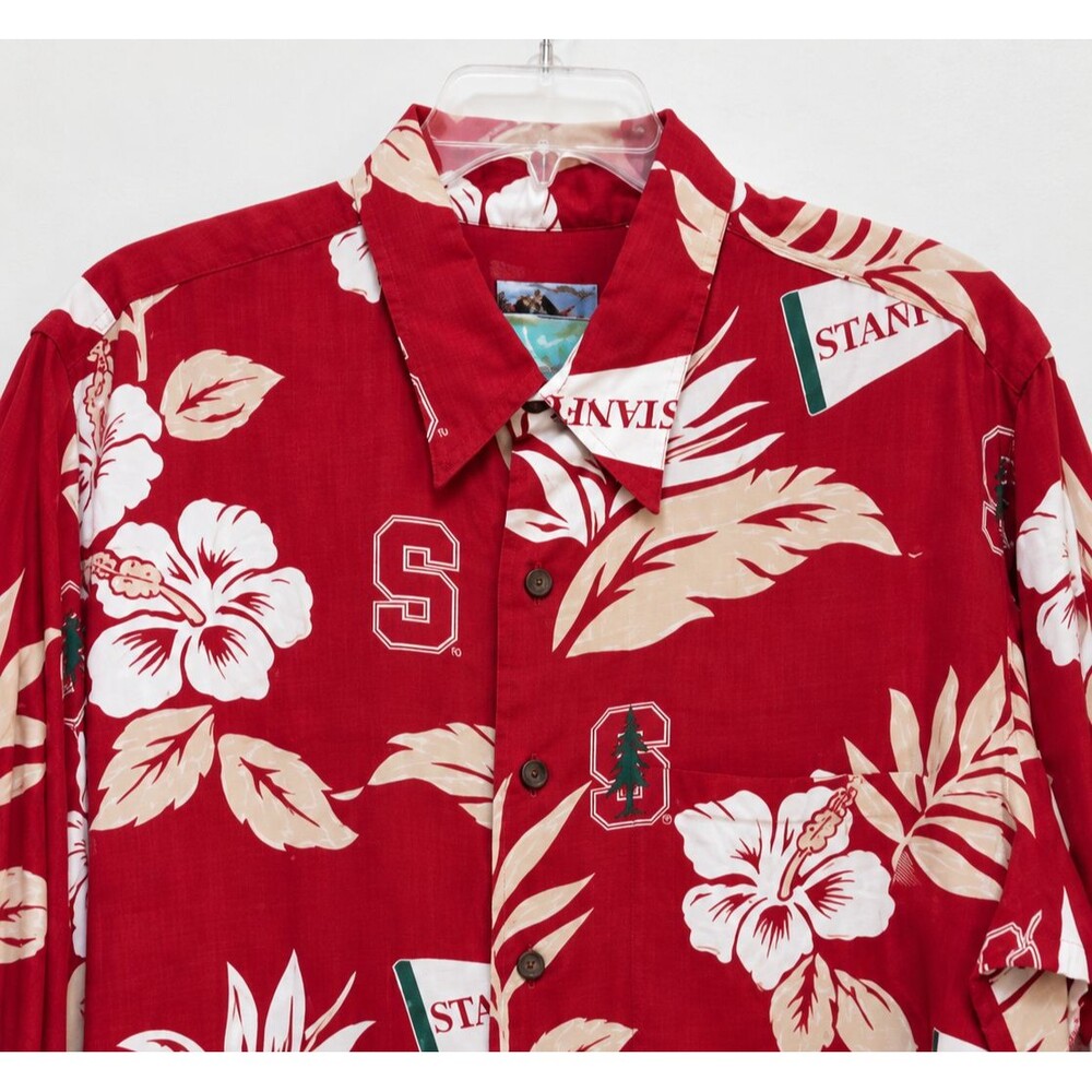 Reyn Spooner Mens Stanford Cardinal Sz L Aloha Shirt Hawaiian Red Button Up